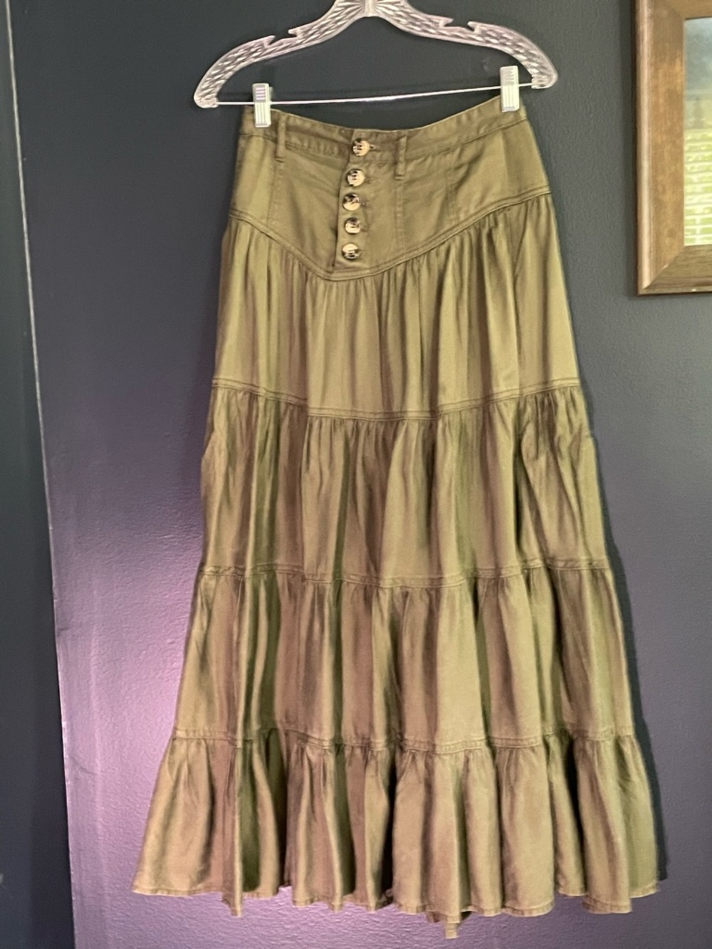 Anthropologie Lainey Olive Green Tiered Maxi Skirt 2. Yoke and Button waist. - Picture 3 of 6